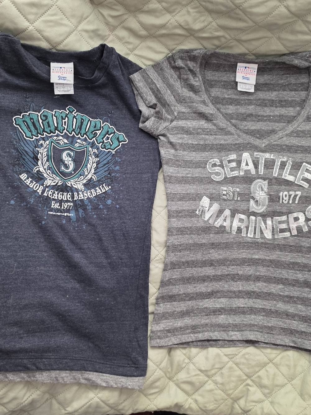 NWOT- Genuine Merchandise 2 Small Womens' Navy and Gray Sea. Mariners T-Shirts